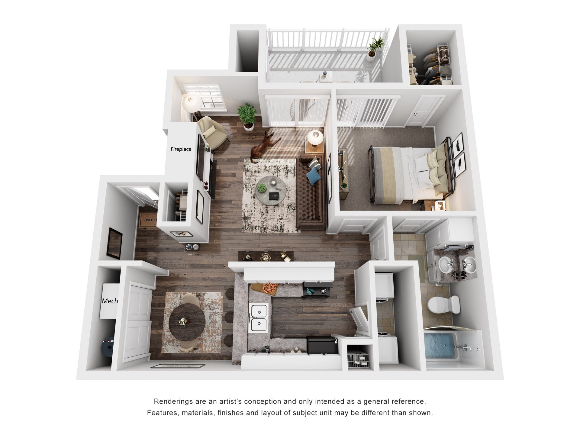Floor plan for 1 bed, 1 bath, 750 sqft